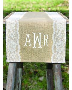 Monogram Embroidered Burlap Table Runner w/Wide Lace Edge