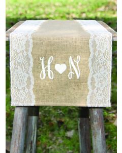 Initials w/Heart Embroidered Burlap Table Runner w/Wide Lace Edge