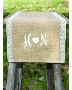 Initials w/Heart Embroidered Burlap Table Runner w/Lace Edge