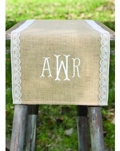 Monogram Embroidered Burlap Table Runner w/Lace Edge